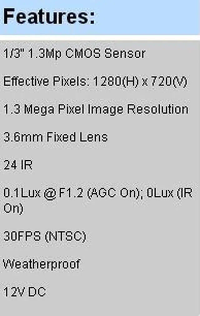 Alt view image 2 of 3 - 1.3 Mega Pixel HD TVI Camera Image Resolution TVI-IRD1M24-G-3.6MM 3.6mm Fixed Lens 24 IR 12V DC Weatherproof NTSC