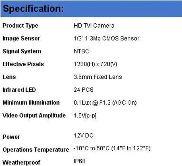 Alt view image 3 of 3 - 1.3 Mega Pixel HD TVI Camera Image Resolution TVI-IRD1M24-G-3.6MM 3.6mm Fixed Lens 24 IR 12V DC Weatherproof NTSC