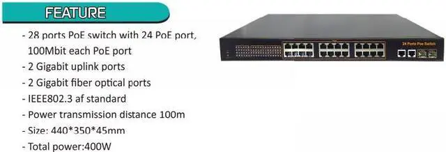 Alt view image 2 of 3 - 28 ports PoE switch with 24 PoE port, 100Mbit each PoE port
Total Power Outputs 400Watts , 2 Gigabit uplink ports and 2 Gigabit fiber optical ports