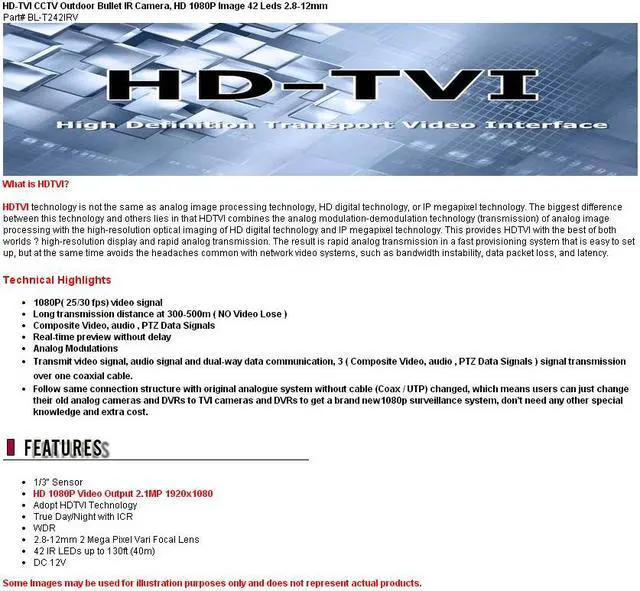 Alt view image 6 of 7 - HD-TVI CCTV Outdoor Bullet IR Camera, HD 1080P 2.1Mega Pixel Image 42 Leds 2.8-12mm