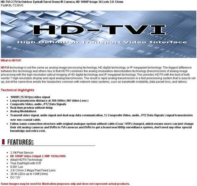 Alt view image 6 of 6 - HD-TVI CCTV In/Outdoor Eyeball Dome IR Camera, HD 1080P 2.1 Mega Pixel HD Image 36 Leds 2.8-12mm IR Range upto 100FT White Color