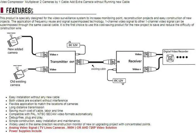 Alt view image 3 of 3 - 2CH CCTV Video Signal Compressor Multiplexer 2 Cameras by 1 Cable ( Analog , 720P AHD )