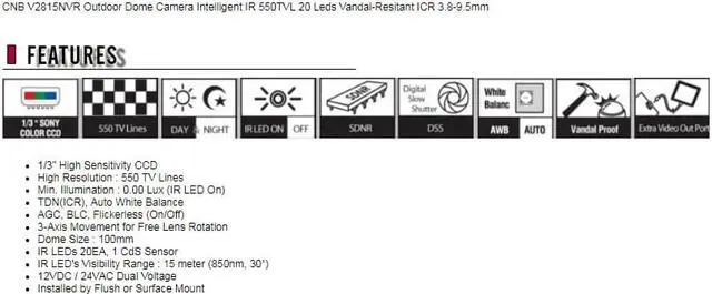 Alt view image 7 of 7 - CNB V2815NVR Outdoor Dome Camera Intelligent IR 550TVL 20 Leds Vandal-Resitant ICR 3.8-9.5mm