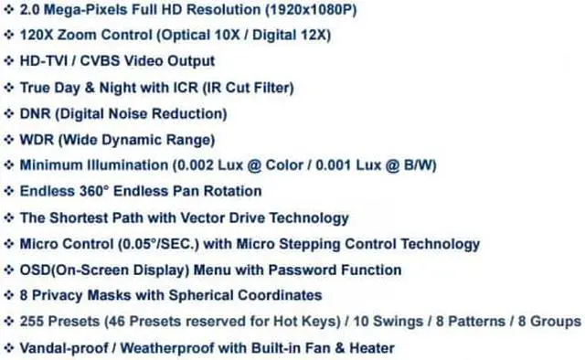 Alt view image 3 of 7 - Eyemax HD-TVI In/Outdoor High Speed PTZ Camera X10 Optical X12 Digital Zoom ICR, Heat and Blower, Dual Power