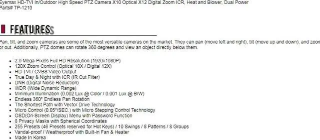 Alt view image 6 of 7 - Eyemax HD-TVI In/Outdoor High Speed PTZ Camera X10 Optical X12 Digital Zoom ICR, Heat and Blower, Dual Power