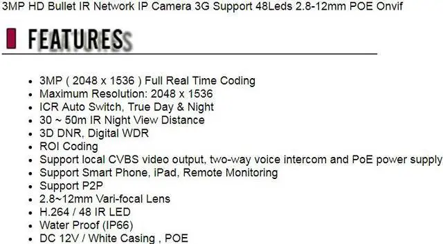 Alt view image 5 of 6 - IP Power 3.2MP HD Bullet IR Network IP Camera 3G Support 48Leds 2.8-12mm POE Onvif