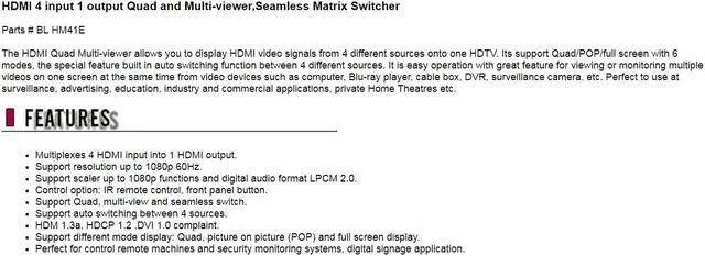 Alt view image 4 of 5 - HDMI 4 input 1 output Quad and Multi-viewer,Seamless Matrix Switcher Supports Auto Switching