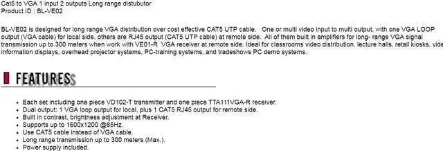 Alt view image 4 of 4 - Cat5 to VGA 1 input 2 outputs Long range distubutor