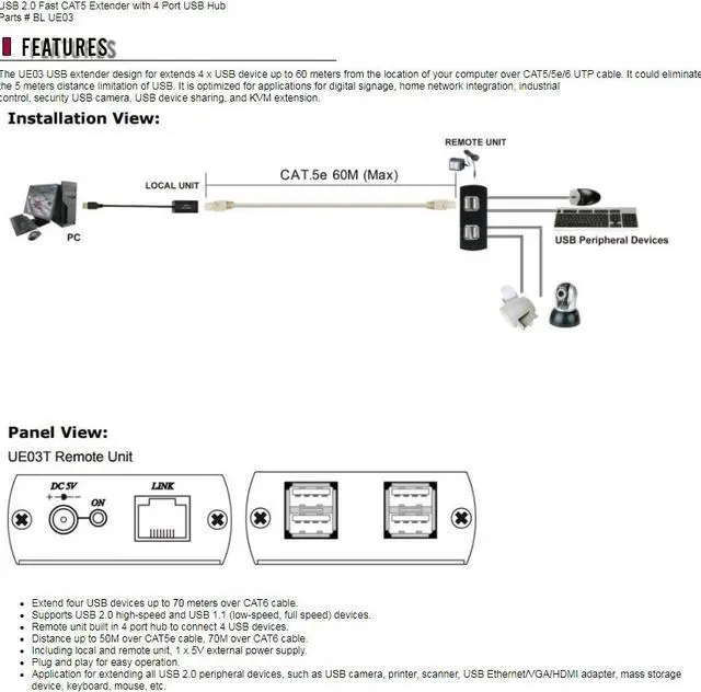 Alt view image 7 of 7 - USB 2.0 Fast CAT5 Extender with 4 Port USB Hub