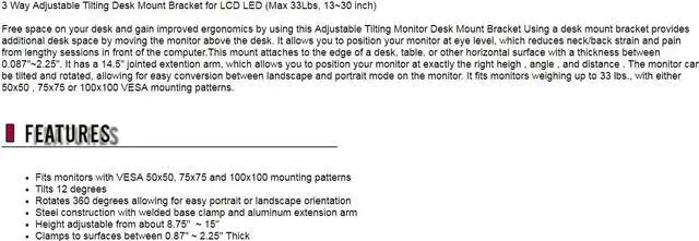 Alt view image 3 of 3 - 3 Way Adjustable Tilting Desk Mount Bracket for LCD LED (Max 33Lbs, 13~30 inch)