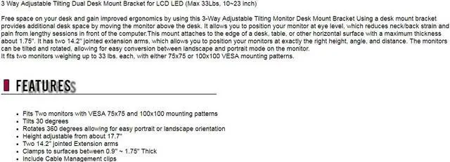 Alt view image 6 of 6 - 3 Way Adjustable Tilting Dual Desk Mount Bracket for LCD LED (Max 33Lbs, 10~23 inch)