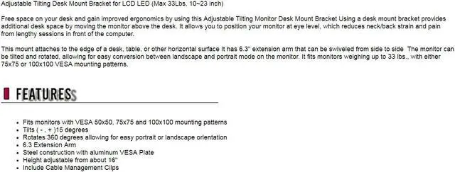 Alt view image 3 of 3 - Adjustable Tilting Desk Mount Bracket for LCD LED (Max 33Lbs, 10~23 inch)