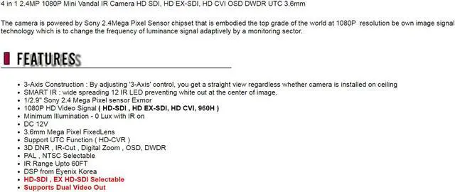 Alt view image 5 of 7 - 4 in 1 2.4MP 1080P Mini Vandal IR Camera HD SDI, HD EX-SDI, HD CVI OSD DWDR UTC 3.6mm Digital HD CCTV Camera