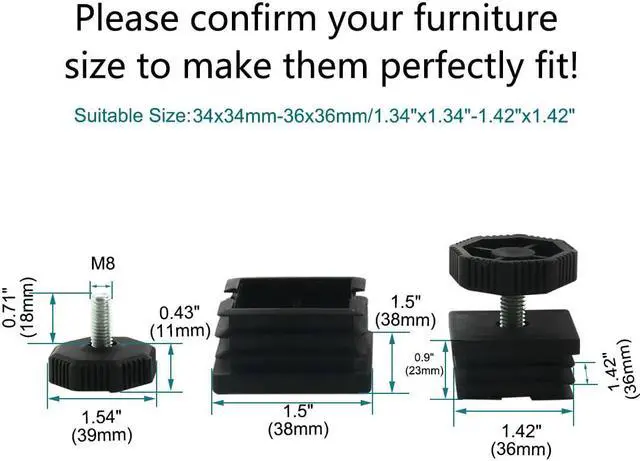 Alt view image 2 of 2 - Leveling Feet 38 x 38mm Square Tube Inserts Furniture Adjustable Leveler 8 Sets