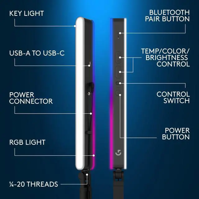 Alt view image 6 of 7 - Logitech G Litra Beam LX Dual-Sided RGB Streaming Key light - LED Bulb - Bluetooth, USB Powered, Color Temperature Setting, Adjustable Brightness - 400 lm Lumens - Desk Mountable - for Room