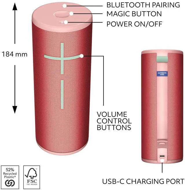 Alt view image 7 of 7 - Logitech Ultimate Ears Boom 4 Bluetooth Speaker Raspberry Red