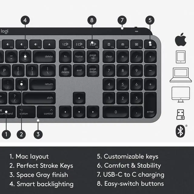 Alt view image 17 of 17 - Logitech MX KEYS FOR MAC 920-009552 Space Gray Bluetooth Wireless Keyboard
