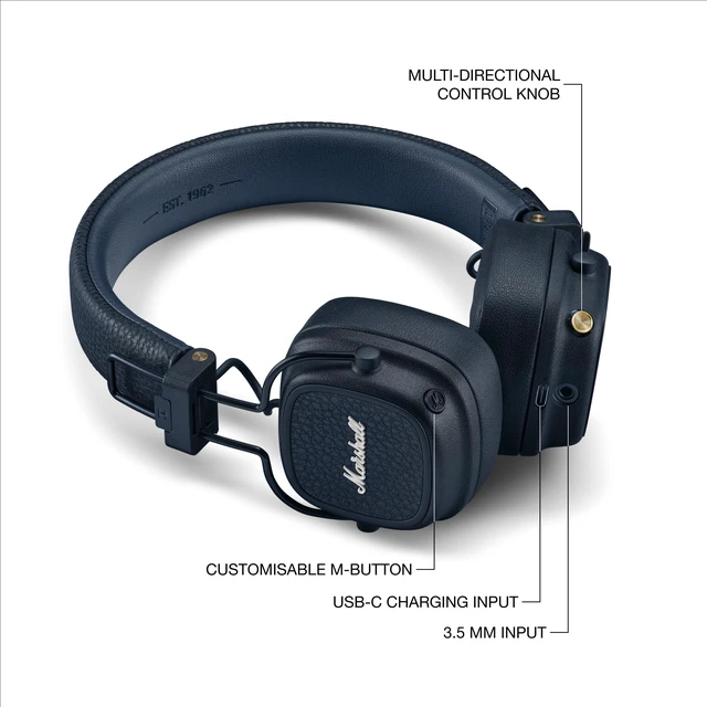 Alt view image 6 of 7 - Major V Wireless On-Ear Bluetooth Headphones - Midnight Blue 100+ Hr Playtime Microphone for Calls Lightweight Foldable Design for Travel Detachable Audio Cable
