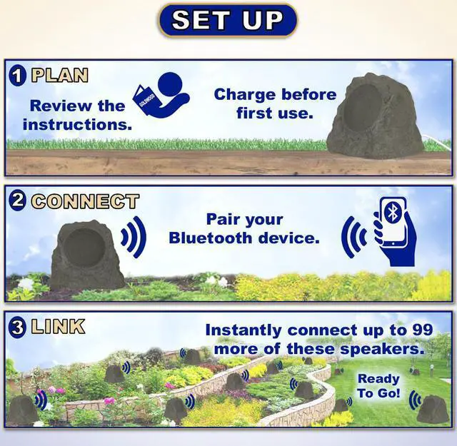 Alt view image 3 of 7 - Theater Solutions B43GR Fully Wireless 120 Watt Rechargeable Battery Bluetooth Rock Speaker Pair Slate Grey Link Up To 99 Speakers Wirelessly