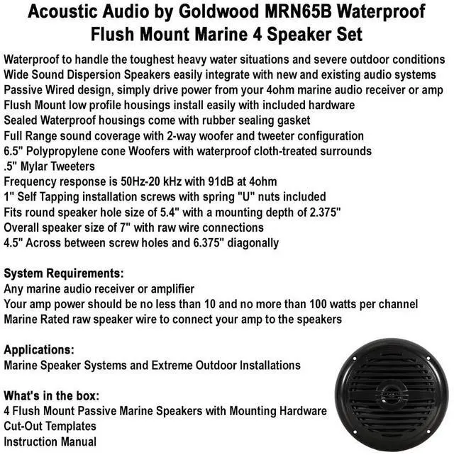 Alt view image 6 of 6 - Acoustic Audio MRN65B Waterproof Flush Mount Marine 7" Speakers Passive 2 Pair Pack Black