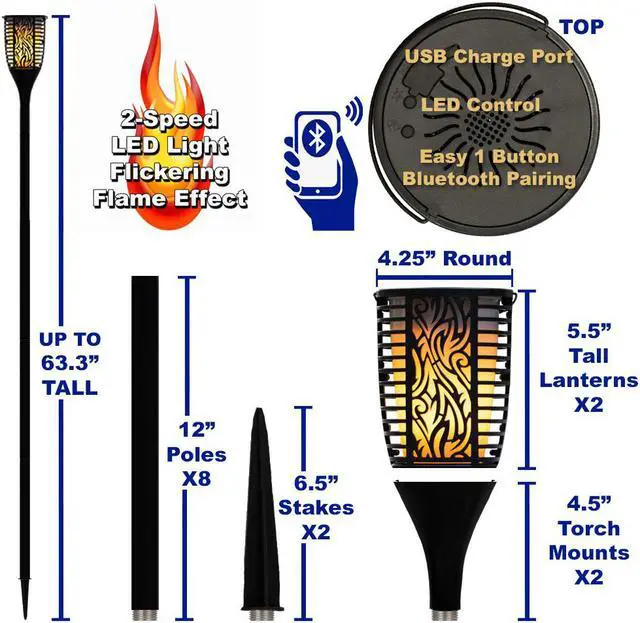 Alt view image 4 of 7 - Theater Solutions TT100 Fully Wireless 120 Watt Rechargeable Battery Bluetooth Tiki Torch Speaker 2 Pack Lanterns Link Up To 99 Speakers Wirelessly
