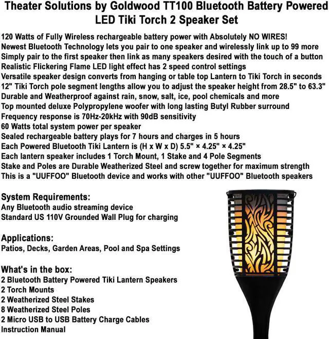 Alt view image 6 of 7 - Theater Solutions TT100 Fully Wireless 120 Watt Rechargeable Battery Bluetooth Tiki Torch Speaker 2 Pack Lanterns Link Up To 99 Speakers Wirelessly