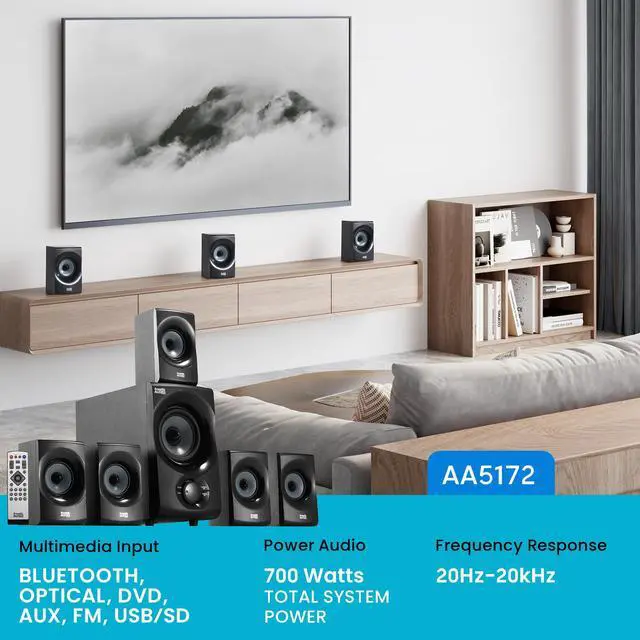 Alt view image 2 of 7 - Acoustic Audio AA5172 700W Bluetooth Home Theater 5.1 Speaker System with FM Tuner, USB, SD Card, Remote Control, Powered Sub (6 Speakers, 5.1 Channels, Black with Gray)