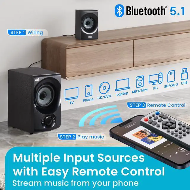 Alt view image 4 of 7 - Acoustic Audio AA5172 700W Bluetooth Home Theater 5.1 Speaker System with FM Tuner, USB, SD Card, Remote Control, Powered Sub (6 Speakers, 5.1 Channels, Black with Gray)