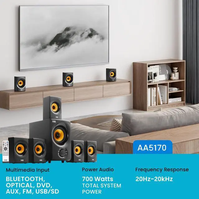 Alt view image 9 of 14 - Acoustic Audio AA5170 700W Bluetooth Home Theater 5.1 Speaker System with FM Tuner, USB, SD Card, Remote Control, Powered Sub (6 Speakers, 5.1 Channels, Black with Gold)