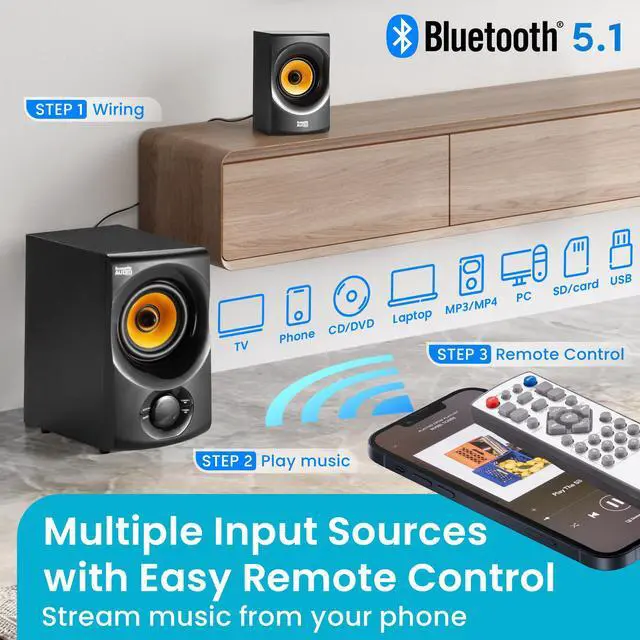Alt view image 11 of 14 - Acoustic Audio AA5170 700W Bluetooth Home Theater 5.1 Speaker System with FM Tuner, USB, SD Card, Remote Control, Powered Sub (6 Speakers, 5.1 Channels, Black with Gold)