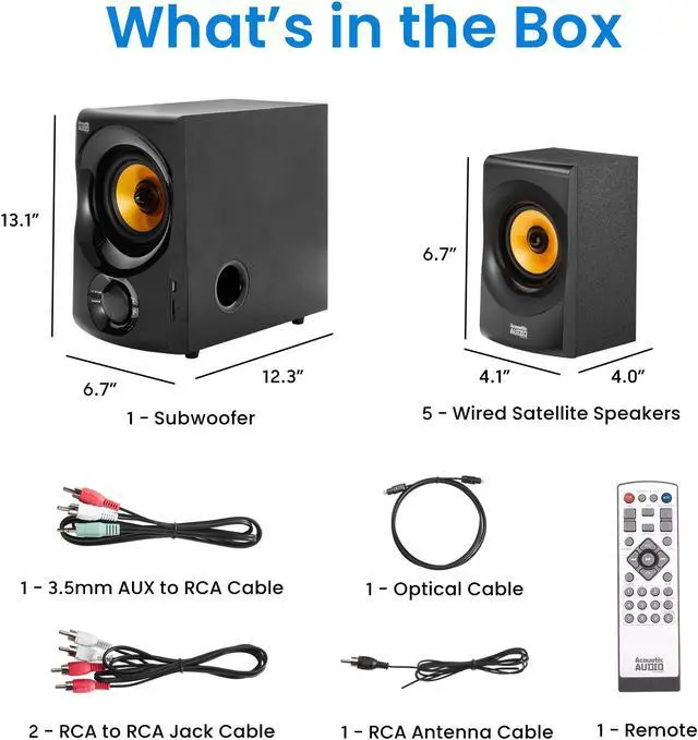 Alt view image 13 of 14 - Acoustic Audio AA5170 700W Bluetooth Home Theater 5.1 Speaker System with FM Tuner, USB, SD Card, Remote Control, Powered Sub (6 Speakers, 5.1 Channels, Black with Gold)