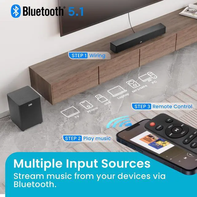 Alt view image 4 of 6 - Acoustic Audio 5.1 Surround Sound Home Theater Sound Bar with Bluetooth, RCA, Optical, ARC, AUX, Wireless Subwoofer and Remote Control - AA5190 (Black)