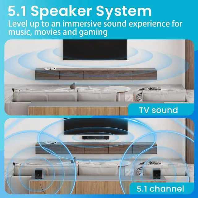 Alt view image 3 of 6 - Acoustic Audio 5.1 Surround Sound Home Theater Sound Bar with Bluetooth, RCA, Optical, ARC, AUX, Wireless Subwoofer and Remote Control - AA5190 (Black)