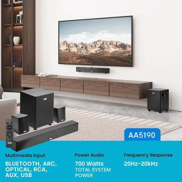 Alt view image 2 of 6 - Acoustic Audio 5.1 Surround Sound Home Theater Sound Bar with Bluetooth, RCA, Optical, ARC, AUX, Wireless Subwoofer and Remote Control - AA5190 (Black)
