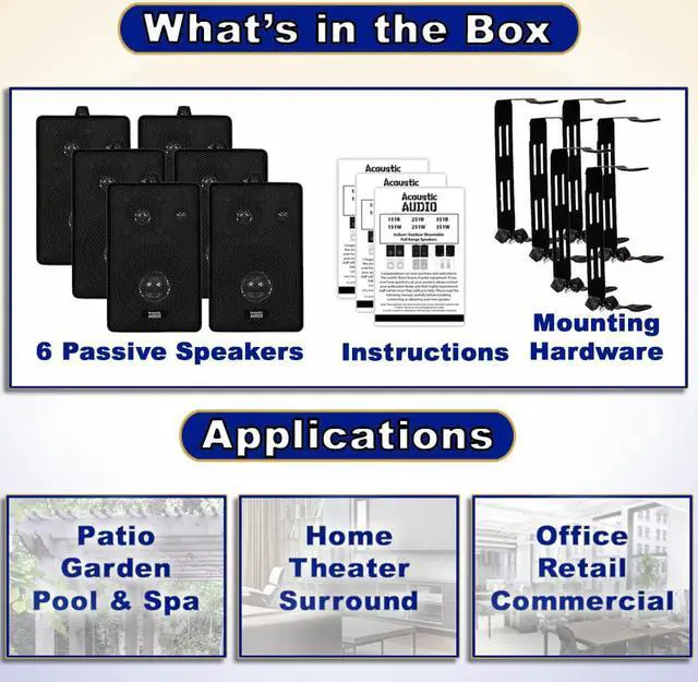 Alt view image 5 of 7 - Acoustic Audio 251B Indoor Outdoor 3 Way Speakers 1200 Watt Black 3 Pair Pack 251B-3Pr
