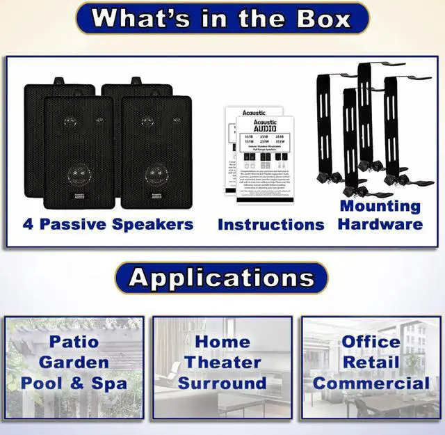Alt view image 5 of 8 - Acoustic Audio 251B Indoor Outdoor 3 Way Speakers 800 Watt Black 2 Pair Pack 251B-2Pr