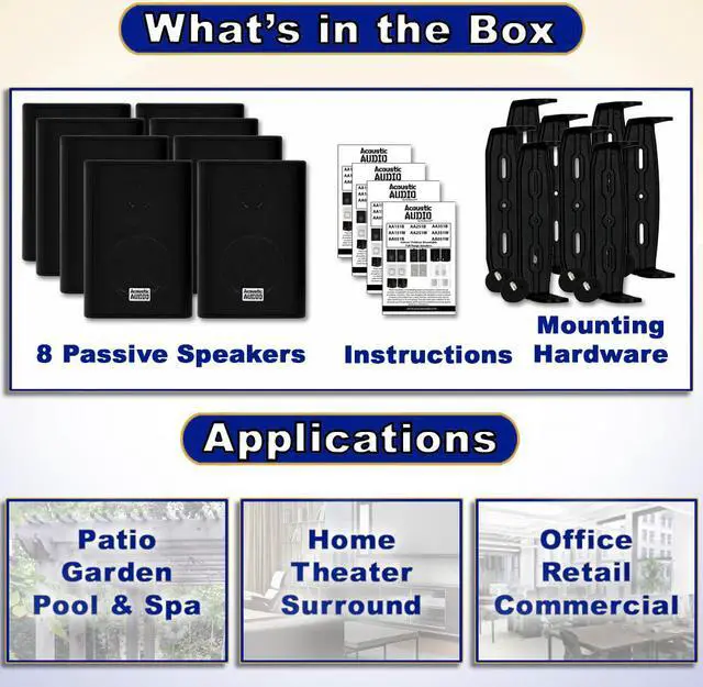 Alt view image 4 of 6 - Acoustic Audio AA351B Indoor Outdoor 2 Way Black Speakers 2000 Watt 4 Pair Pack AA351B-4Pr