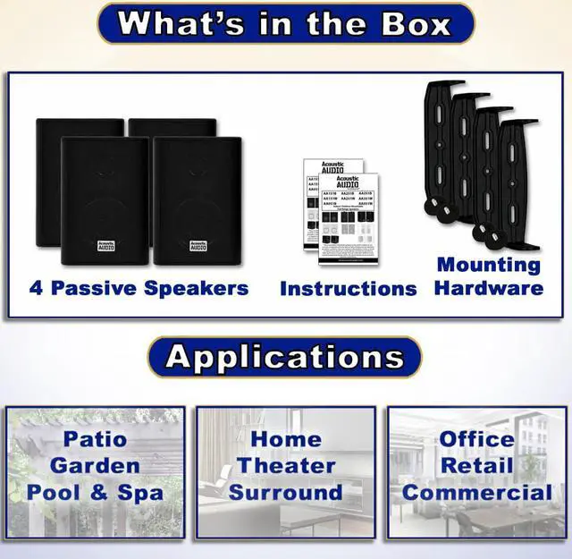 Alt view image 4 of 10 - Acoustic Audio AA351B Indoor Outdoor 2 Way Black Speakers 1000 Watt 2 Pair Pack AA351B-2Pr