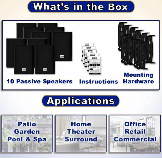 Alt view image 4 of 7 - Acoustic Audio AA351B Indoor Outdoor 2 Way Black Speakers 2500 Watt 5 Pair Pack AA351B-5Pr