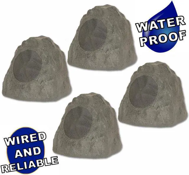 Main image of Theater Solutions 4R8SG Outdoor Slate Grey 8" Rock 4 Speaker Set for Deck Pool Spa Yard Garden