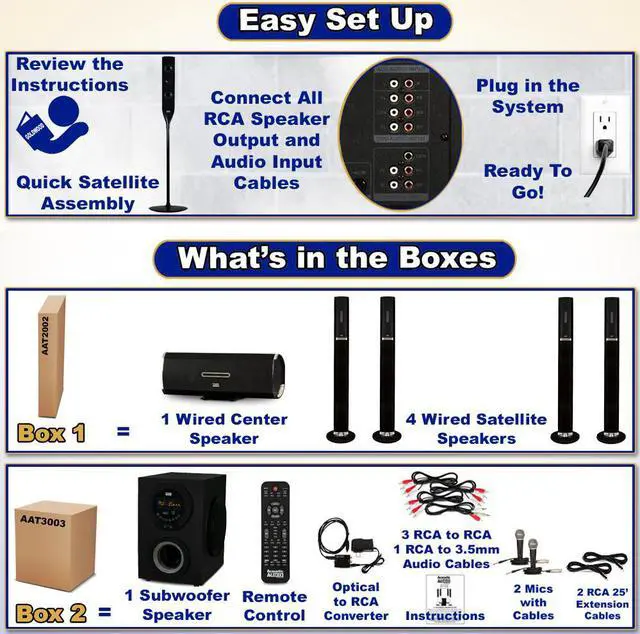 Alt view image 5 of 7 - Acoustic Audio AAT3002 Tower 5.1 Bluetooth Speaker System with Optical Input Mics and 2 Extension Cables