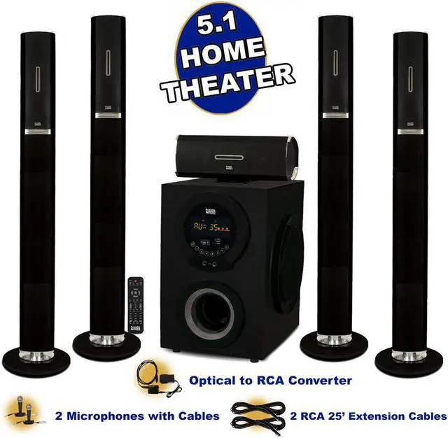 Main image of Acoustic Audio AAT3002 Tower 5.1 Bluetooth Speaker System with Optical Input Mics and 2 Extension Cables