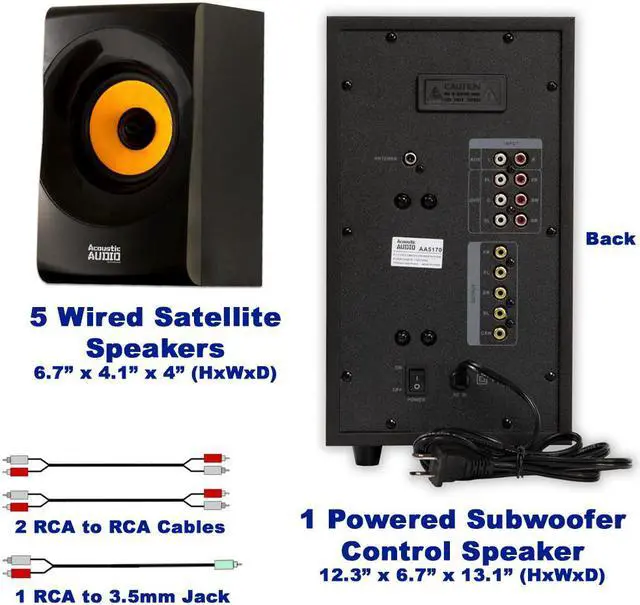 Alt view image 4 of 14 - Acoustic Audio AA5170 700W Bluetooth Home Theater 5.1 Speaker System with FM Tuner, USB, SD Card, Remote Control, Powered Sub (6 Speakers, 5.1 Channels, Black with Gold)
