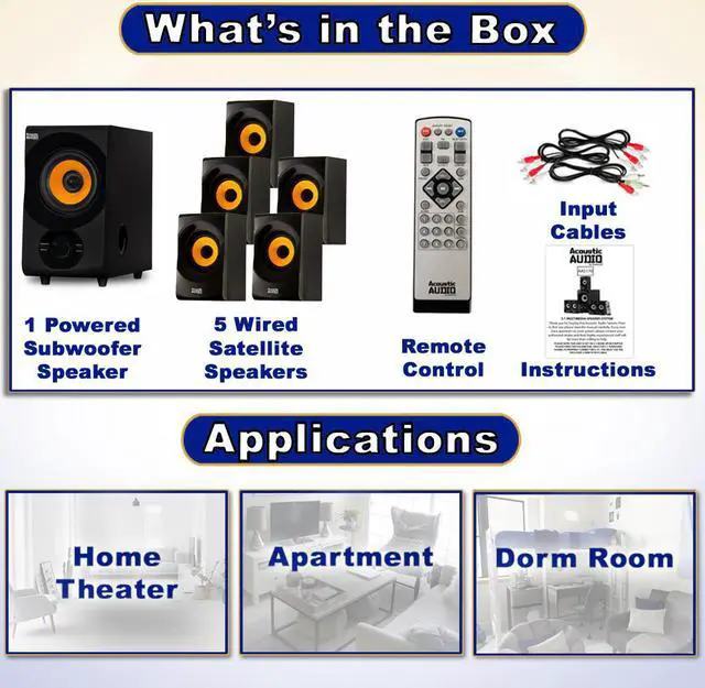 Alt view image 5 of 14 - Acoustic Audio AA5170 700W Bluetooth Home Theater 5.1 Speaker System with FM Tuner, USB, SD Card, Remote Control, Powered Sub (6 Speakers, 5.1 Channels, Black with Gold)