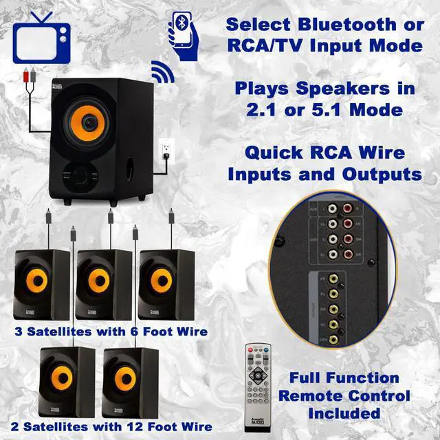 Alt view image 3 of 14 - Acoustic Audio AA5170 700W Bluetooth Home Theater 5.1 Speaker System with FM Tuner, USB, SD Card, Remote Control, Powered Sub (6 Speakers, 5.1 Channels, Black with Gold)