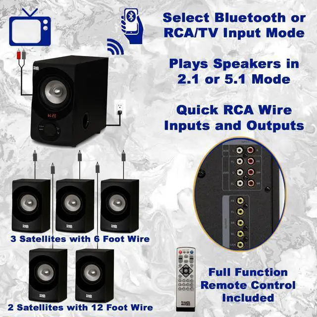 Alt view image 3 of 16 - Acoustic Audio by Goldwood AA5171 5.1 Surround Sound Bluetooth Home Entertainment System (6 Speakers, 5.1 Channels, Black with Silver)