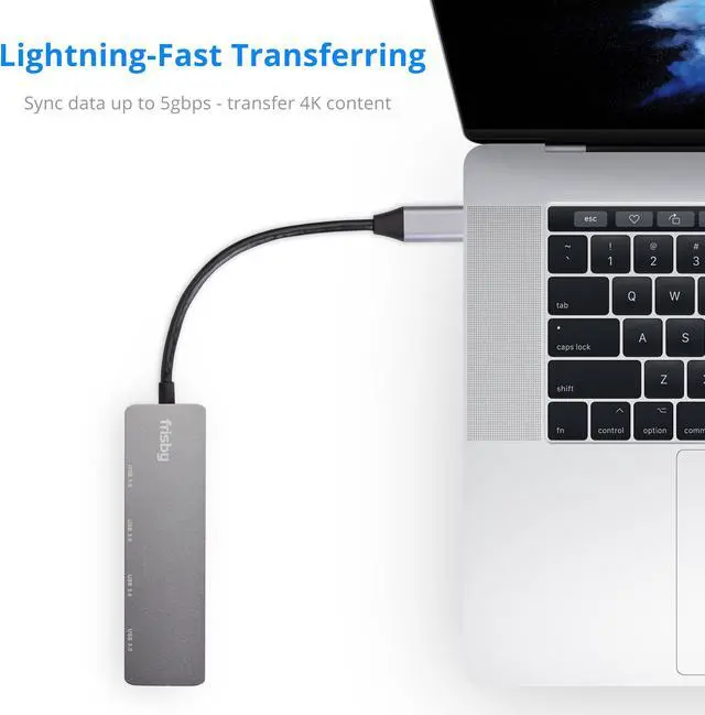 Alt view image 4 of 6 - Frisby USB C Hub, Aluminum Type C Adapter with 4 USB 3.0 High Speed Ports, Portable for MacBook Pro 2018 2017 iMac, Google Chromebook Pixelbook, XPS, Samsung S9, S8 & more, Plug and Play, Gray