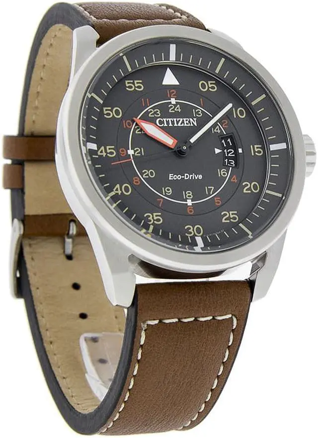 Alt view image 14 of 19 - Citizen AW1361-10H Men's Avion Eco-Drive Charcoal Dial Brown Leather Strap Watch