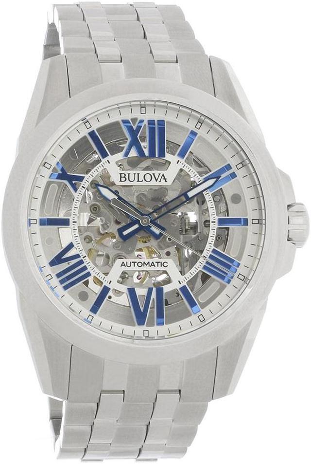 Main image of Bulova Skeleton Mens Silver Dial Stainless Steel Automatic Watch 96A187