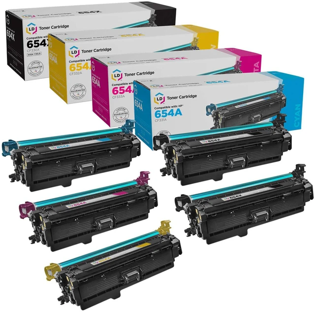 Main image of LD © Remanufactured Replacements for Hewlett Packard 654X / 654A Set of 5 Laser Toner Cartridges Includes: 2 CF330X HY Black, 1 CF331A Cyan, 1 CF332A Yellow, & 1 CF333A Magenta